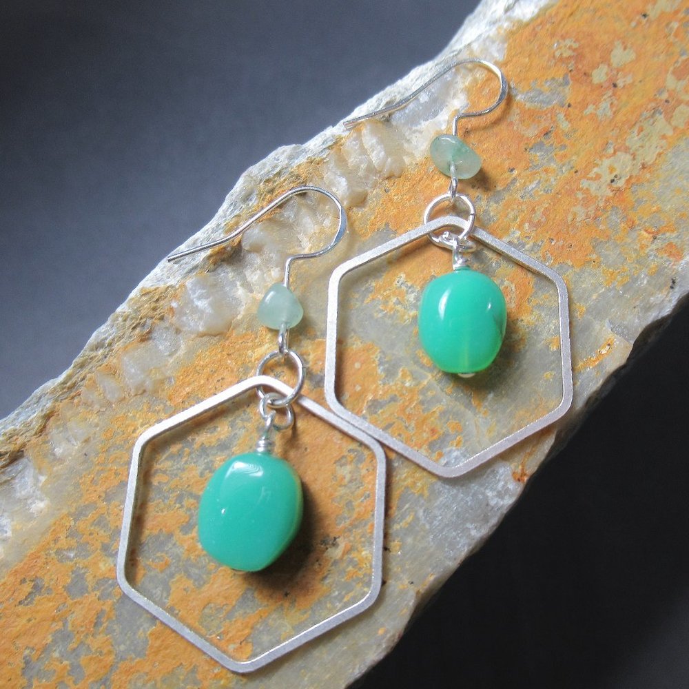 Chrysoprase Earrings, Chrysoprase and Aventurine Stone with Silver